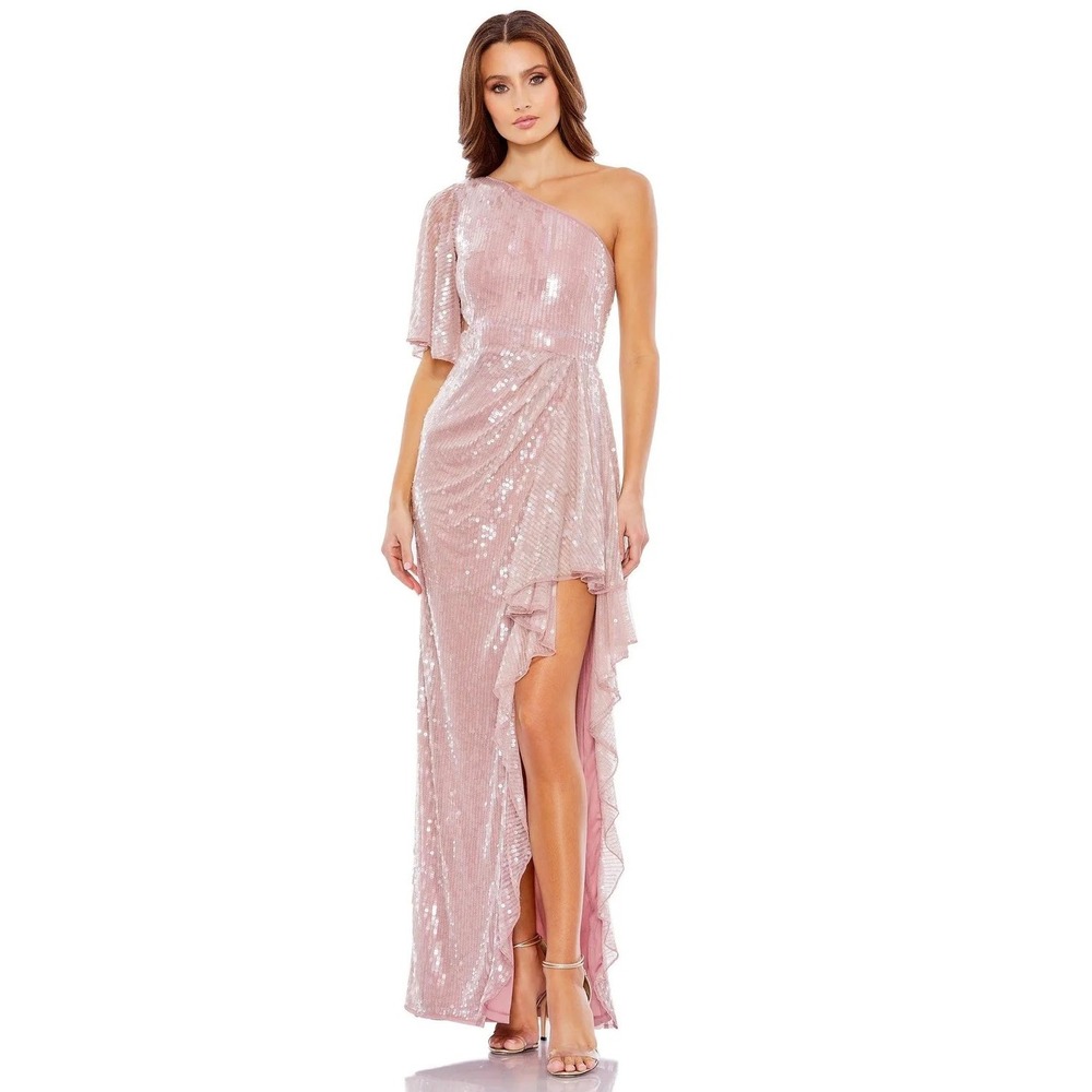 Mac Duggal 93662 One Shoulder Sequin Ruffle High Slit Gown Pink Rose Size 8